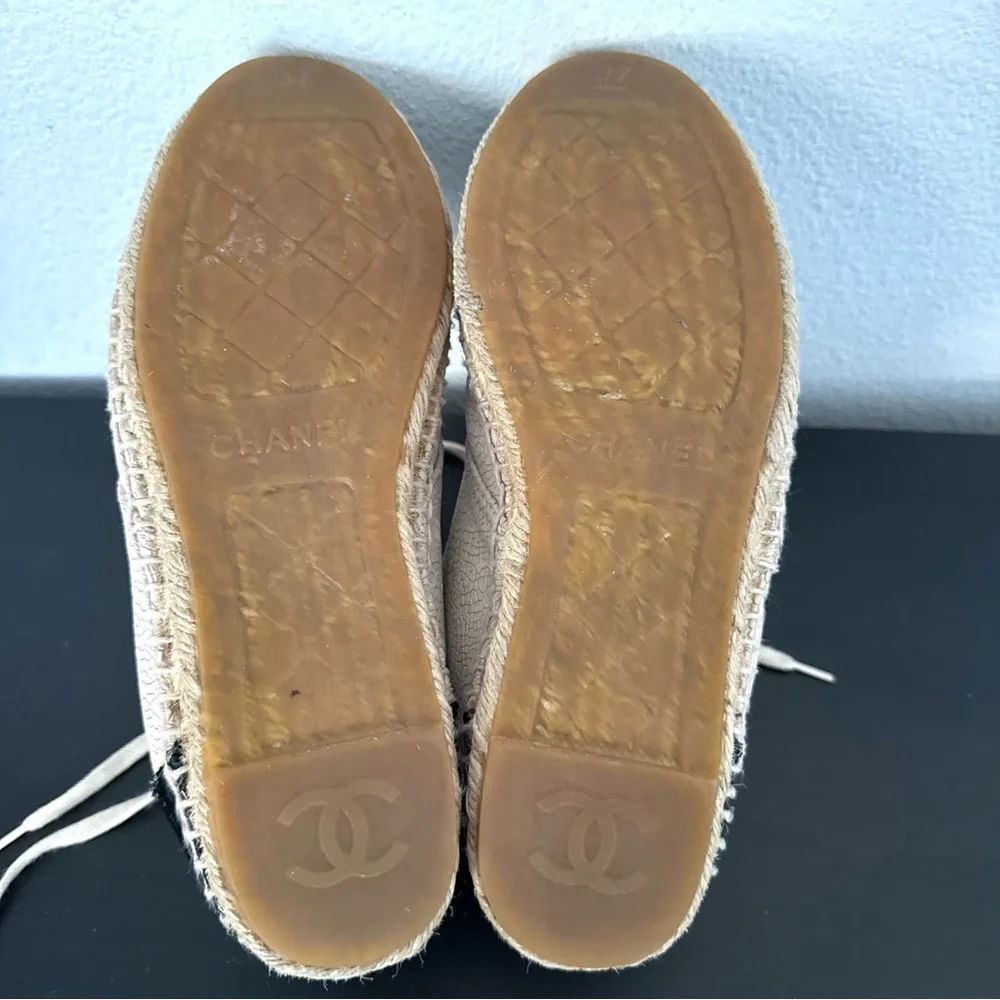 Chanel Two Tone Crackle Leather CC Logo Espadrille Lace Up High Top Sneakers